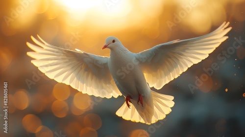Beautiful detailed image of a white pigeon in flight with sunset in the background