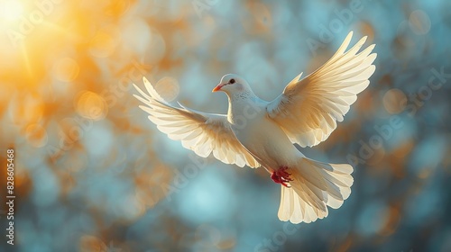 The image shows a white dove in mid-flight surrounded by a golden hue of the sun