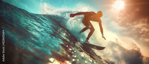 Surfer riding a wave during a stunning sunset, showcasing action and skill in a beautiful ocean landscape.