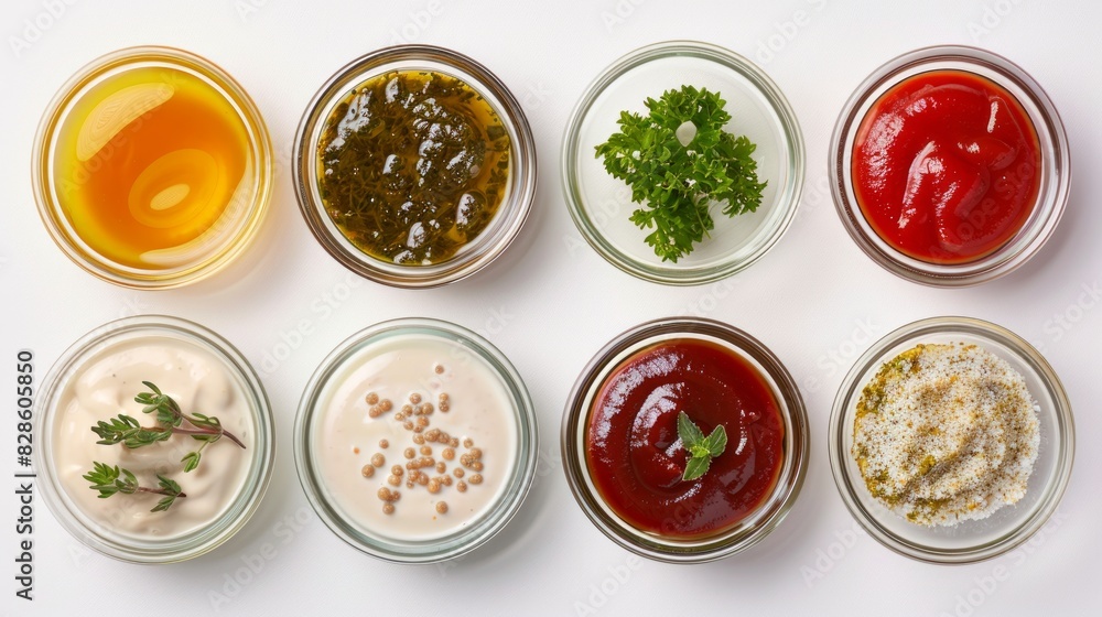 Eight small glass bowls filled with colorful sauces on a white background. Culinary variety, food presentation, cooking, condiment concept. Top view Eight small glass bowls filled with colorful sauces on a white background. Culinary variety, food presentation, cooking, condiment concept. Top view