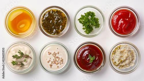 Eight small glass bowls filled with colorful sauces on a white background. Culinary variety, food presentation, cooking, condiment concept. Top view