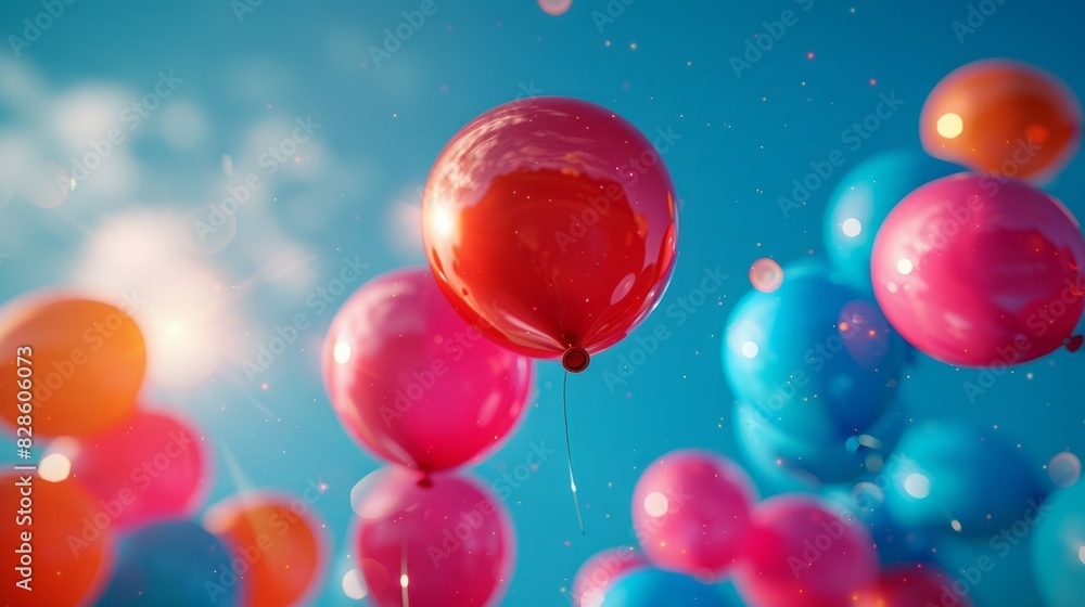 Colorful balloons drift in the sky, buoyant and cheerful against the backdrop of clouds Colorful balloons drift in the sky, buoyant and cheerful against the backdrop of clouds