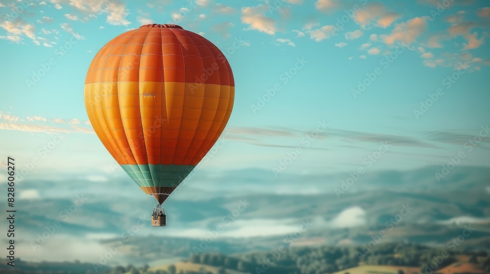 An orange and green hot air balloon glides through the sky An orange and green hot air balloon glides through the sky