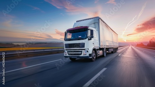 White cargo truck on a highway at sunset. Road transport  logistics  freight shipping  commercial vehicle concept