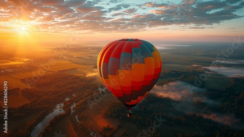 A hot air balloon floats high in the sky, with the vibrant colors of the balloon standing out against the blue background