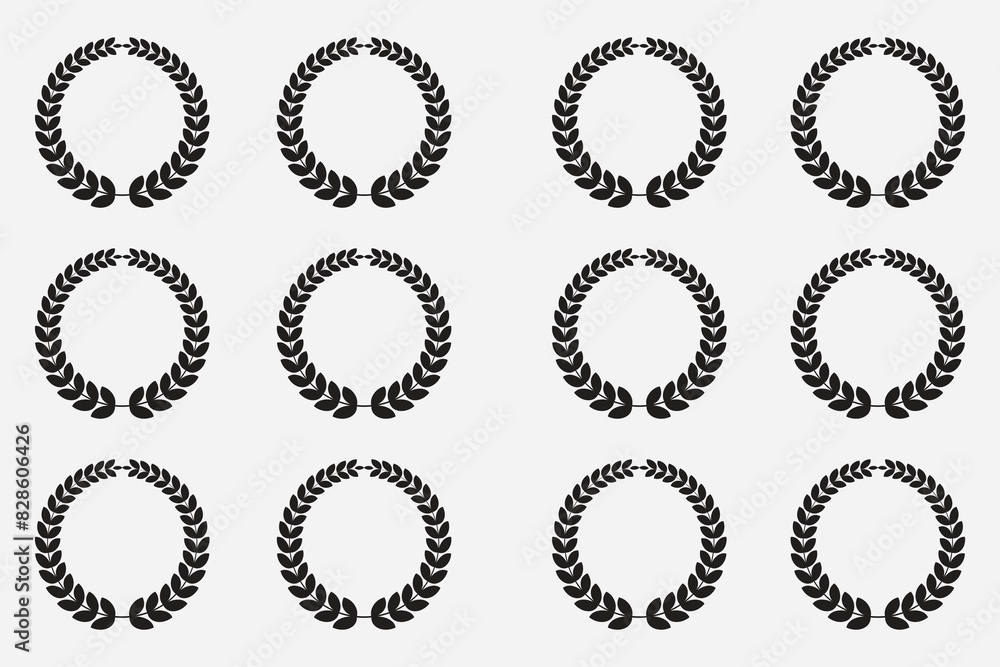 A set of black silhouette circular wreaths featuring laurel, wheat, and designs, symbolizing awards, achievements, heraldry, and nobility. These emblems, Leaves frame, swirls, laurel wreath, award A set of black silhouette circular wreaths featuring laurel, wheat, and designs, symbolizing awards, achievements, heraldry, and nobility. These emblems, Leaves frame, swirls, laurel wreath, award