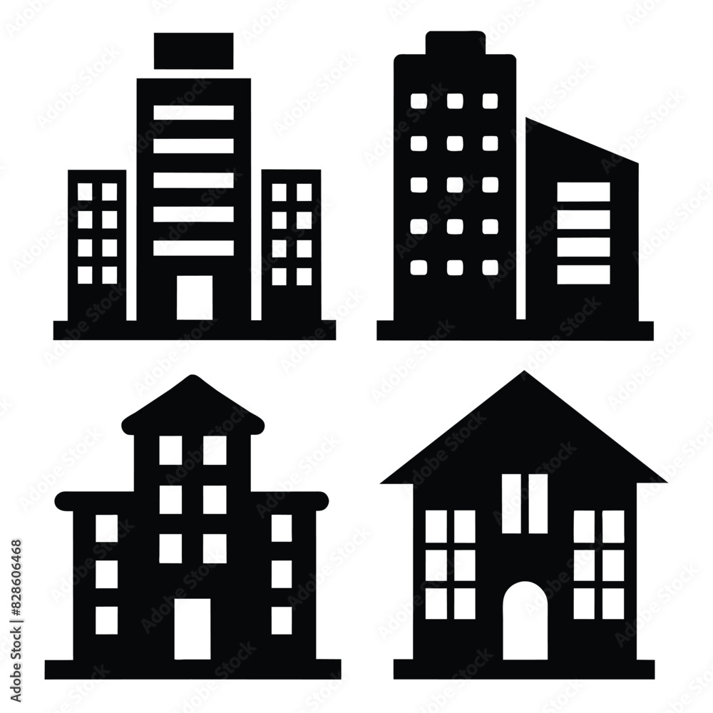 Set of Office building different style icon set black vector on white background