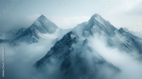 A tall mountain stands enveloped in thick fog and swirling clouds