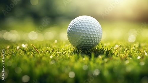 Close up of a golf ball on green grass with a sunny background  perfect for sports and outdoor activities concept.