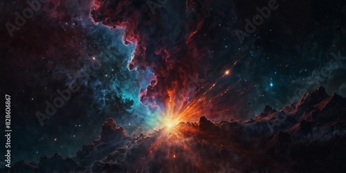 Nebula Burst, Abstract Space Scene with Comet's Path, Laser Illumination, and Dynamic Color Spectrum