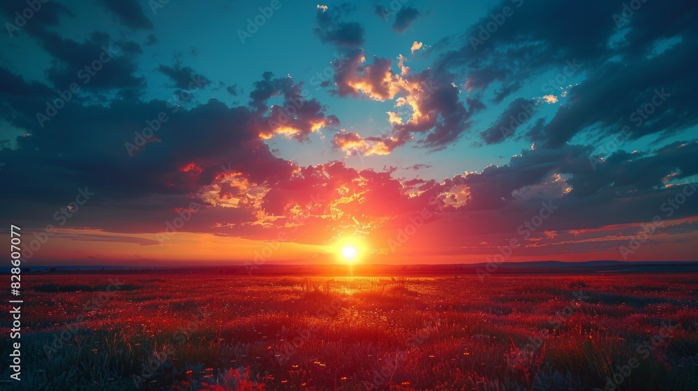 The sun is setting low on the horizon, casting a warm glow over a vast field of green grass The sun is setting low on the horizon, casting a warm glow over a vast field of green grass