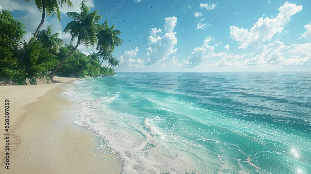 A tropical beach with palm trees swaying in the breeze and crystal blue water gently lapping at the shore A tropical beach with palm trees swaying in the breeze and crystal blue water gently lapping at the shore