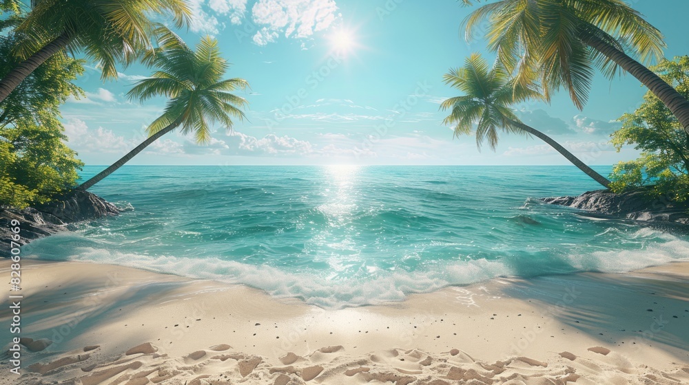 Obraz premium A painting depicting a beach with several palm trees under a clear blue sky