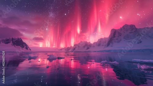 A breathtaking view of pink auroral lights dancing above a serene and icy landscape, reflecting in the water © familymedia