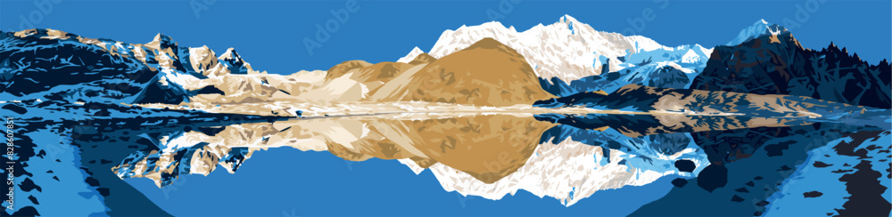 Mount Cho Oyu mirrored on the lake surface, Cho Oyu base camp, morning view, vector illustration, Gokyo valley, Khumbu valley, Everest area, Sagarmatha national park, Nepal himalayas mountains Mount Cho Oyu mirrored on the lake surface, Cho Oyu base camp, morning view, vector illustration, Gokyo valley, Khumbu valley, Everest area, Sagarmatha national park, Nepal himalayas mountains