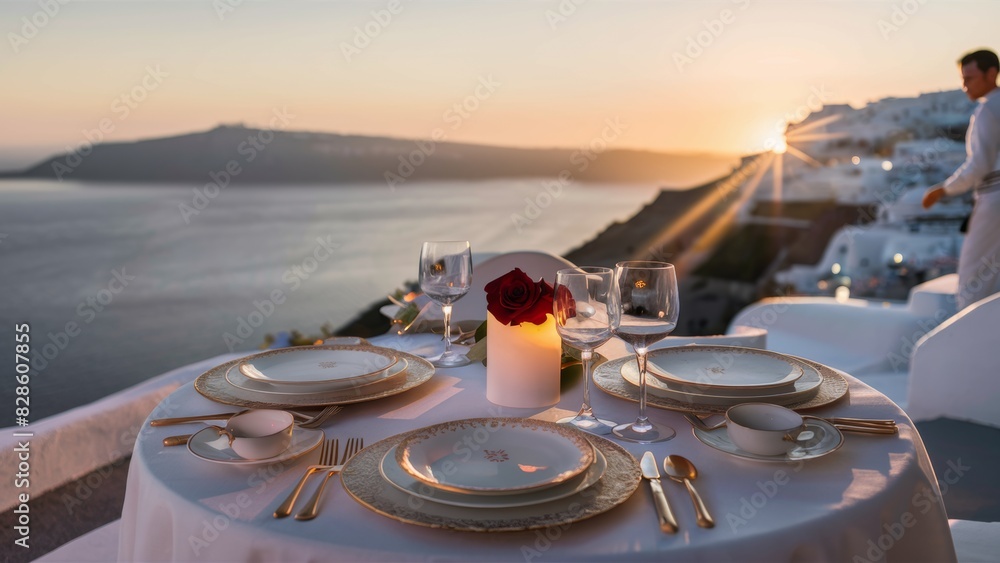 Fototapeta premium A table set for dinner with a candle and wine glasses, AI