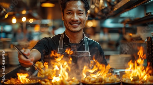 Confident male chef stands with multiple pans on fire in a bustling professional kitchen setting