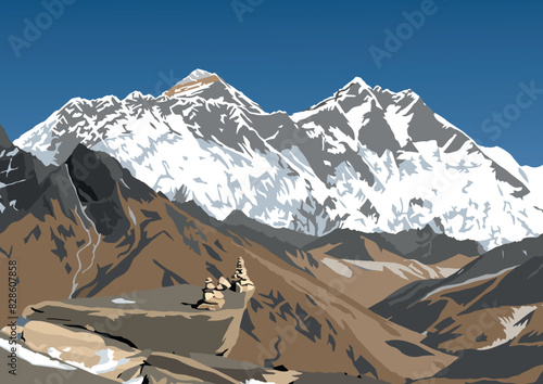 Mount Lhotse and Nuptse south rock face and top of Mt Everest peak, vector illustration, Khumbu valley, Everest area, Nepal himalayas mountains photo