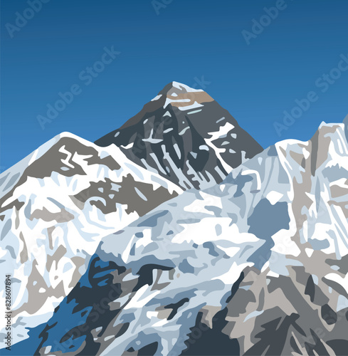 mount Everest mountain top from Nepal side as seen from Kala Patthar peak, vector illustration, Mt Everest 8,848 m summit, Khumbu valley, Sagarmatha national park, Nepal Himalayas mountains