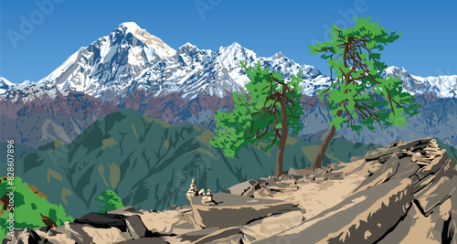 Mount Dhaulagiri peak as seen from Jaljala pass and trees, vector illustration, Nepal Himalayas mountains