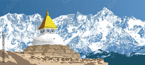 Buddhist stupa or chorten in himalayas mountains, buddhism in Khumbu valley under mount Everest, Nepal