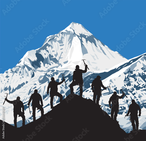silhouette of seven climbers with ice axe in hand on top of Mount Everest silhouette and mount Dhaulagiri on the background, mountain vector illustration logo