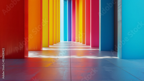 A long hallway with colorful walls and a bright light shining on the floor photo