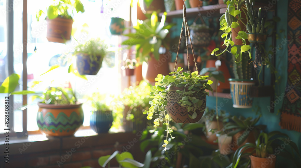 A cozy room filled with various potted plants and hanging greenery bathed in sunlight, creating a serene and vibrant atmosphere. A cozy room filled with various potted plants and hanging greenery bathed in sunlight, creating a serene and vibrant atmosphere.
