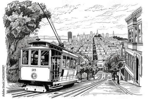 Hand Drawn San Francisco.  Generated Image.  A digital illustration of a hand drawn art scene of the city of San Francisco.