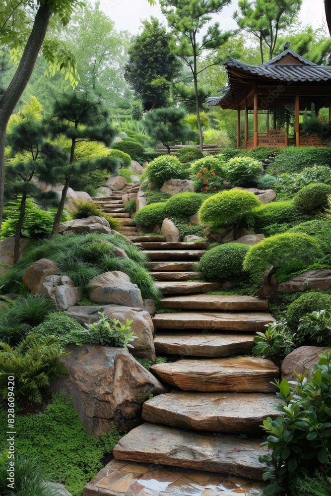 Obraz premium Stone Steps Leading Up To A Traditional Chinese Pagoda