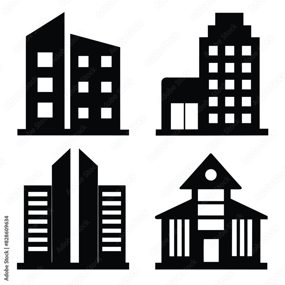 Set of Office building different style icon set black vector on white background