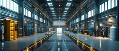 Empty industrial warehouse with bright lighting.