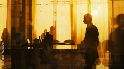Concierge assisting guests in a captivating double exposure silhouette. Close-up focus on the hotel desk creates a welcoming atmosphere. Copy space available. 16 9.