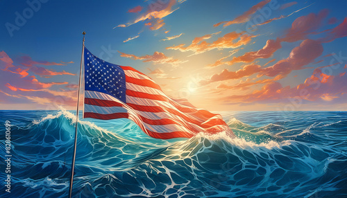 夕焼けの海岸に星条旗、独立記念日を祝福する photo