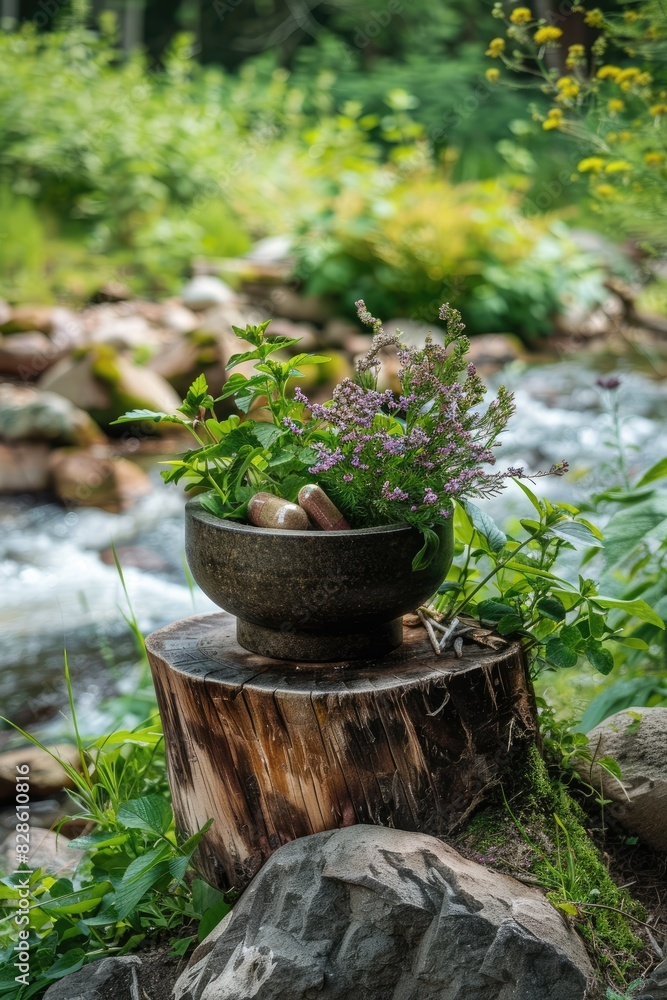 medicinal flowers of grass in a mortar. selective focus medicinal flowers of grass in a mortar. selective focus