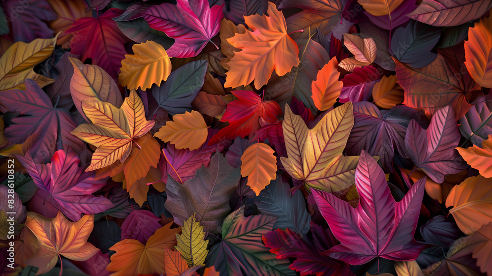 Colorful, beautiful and realistic fallen leaves, rainbow colored fallen leaves, copy space, space for text, Generative AI.色とりどりな綺麗なリアルな落葉、虹色の落葉、コピースペース,テキスト用スペース,Generative AI。