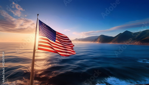 夕焼けの海岸に星条旗、独立記念日を祝福する photo