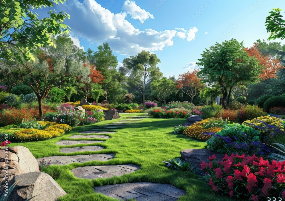Lush Garden Path with Vibrant Flowers and Greenery