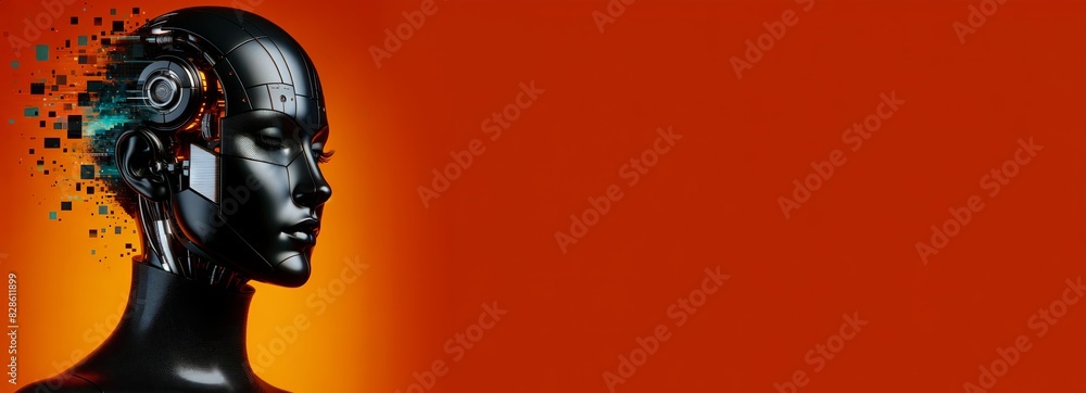 Digital artwork of a humanoid robot head with a fragmented, abstract design, symbolizing artificial intelligence, futuristic technology, and the fusion of humanity and machines.
