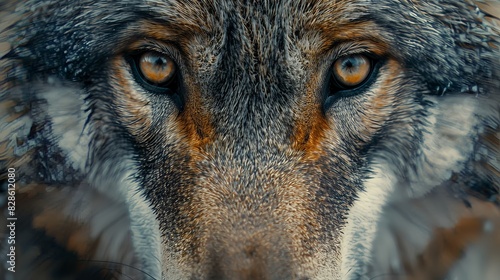 Сlose up portrait of a wolf with two gray, cruel eyes, a fierce face. Eurasian wolf, also known as the gray or grey wolf also known as Timber wolf. Natural habitat.
