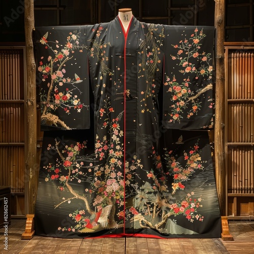 A kimono with a pattern of cherry blossoms and birds photo