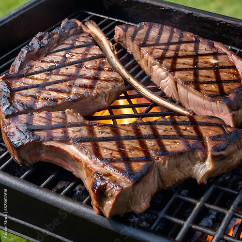 pork chops on bbq grilll steak photo