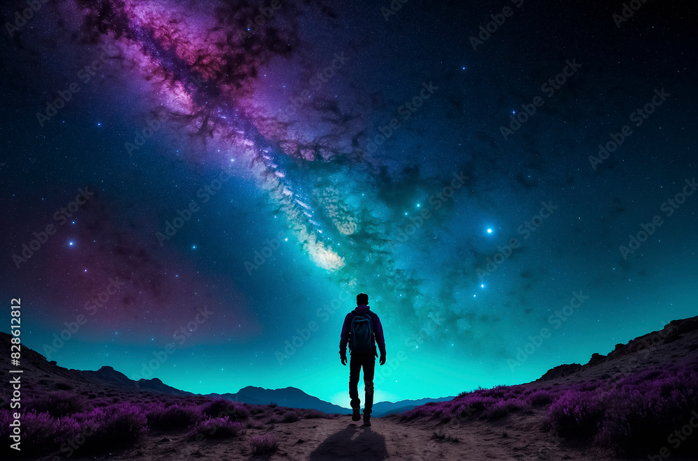 Silhouette of a man walking through a deserted mountainous area against the backdrop of a night starry sparkling sky Silhouette of a man walking through a deserted mountainous area against the backdrop of a night starry sparkling sky
