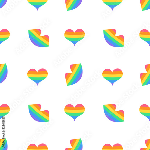 Seamless pattern with heart and lips LGBT rainbow color. Pride Month concept.