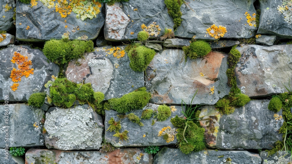 Moss and lichen adorn a rustic stone wall showcasing nature s vibrant palette Moss and lichen adorn a rustic stone wall showcasing nature s vibrant palette