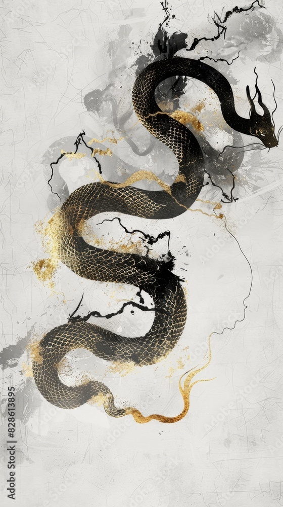 Obraz premium Ethereal Lunar Serpent - Elegant Chinese Ink Painting-Inspired 4K Wallpaper for the Year of the Snake.