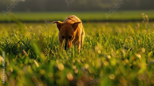 Canine caught in the act of defecating in a field photo