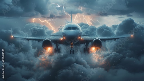 A white passenger airplane flying through the sky under rainy weather, with dramatic lightning illuminating the clouds in the background, capturing the power and intensity of nature during air travel.