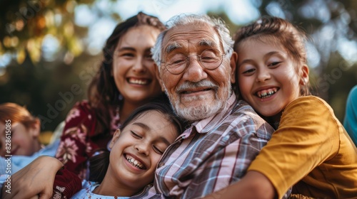 Elderly man surrounded by happy grandchildren outdoors.