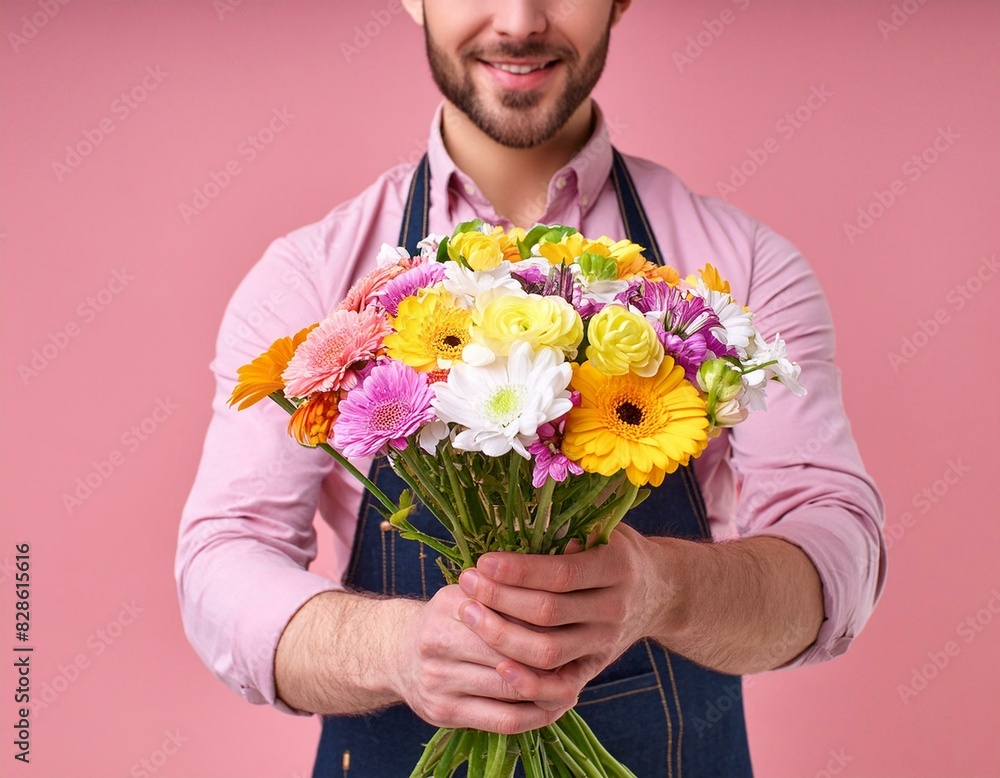 Crop anonymous person demonstrating bunch of colorful flowers against pink background. Crop anonymous person demonstrating bunch of colorful flowers against pink background.